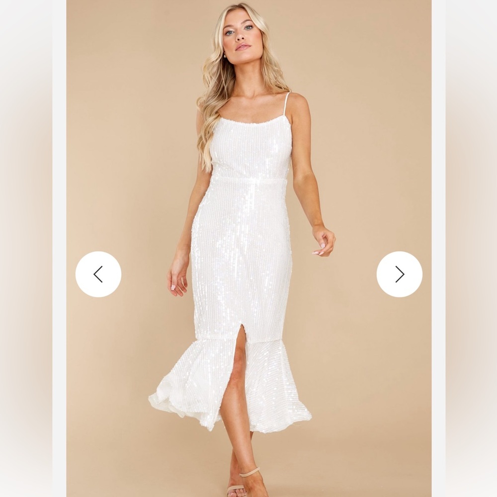 Champagne kisses white sequin midi dress